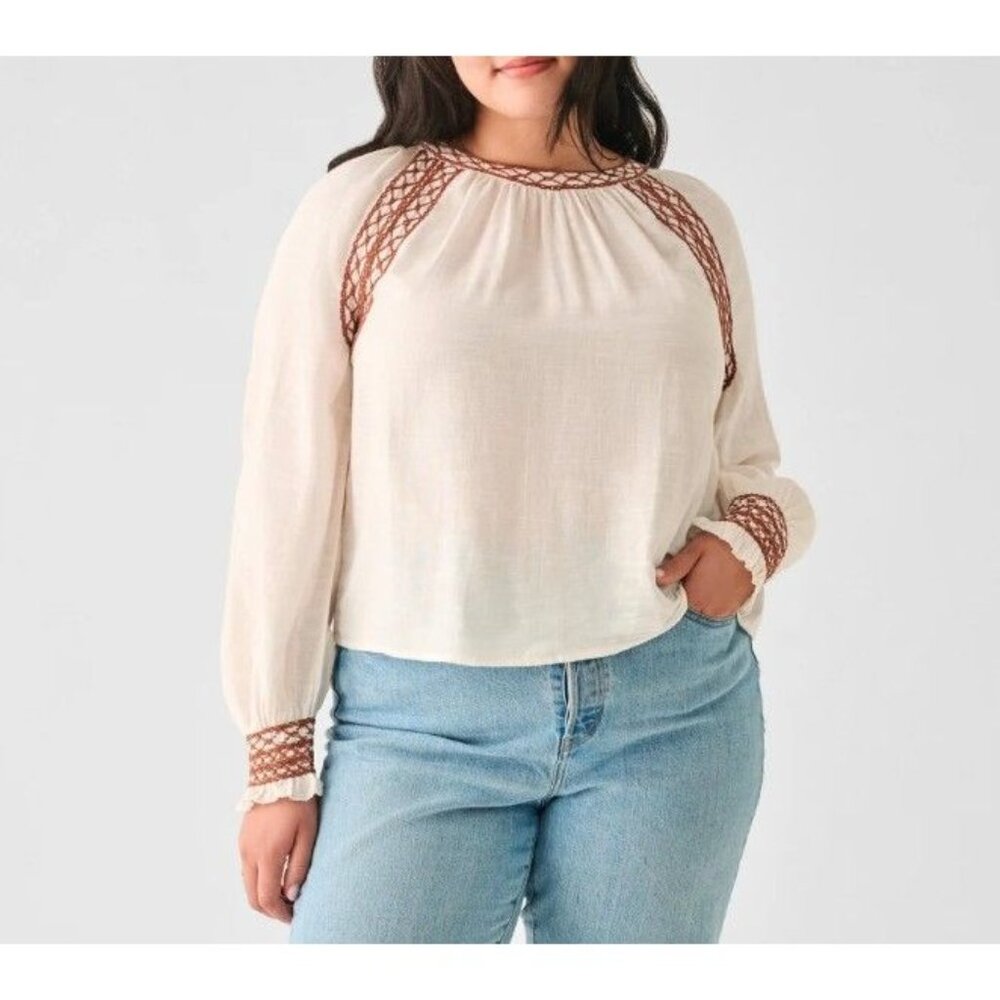 Faherty Arles Top Peasant Blouse in Egret Size X-Large Boho Bohemian